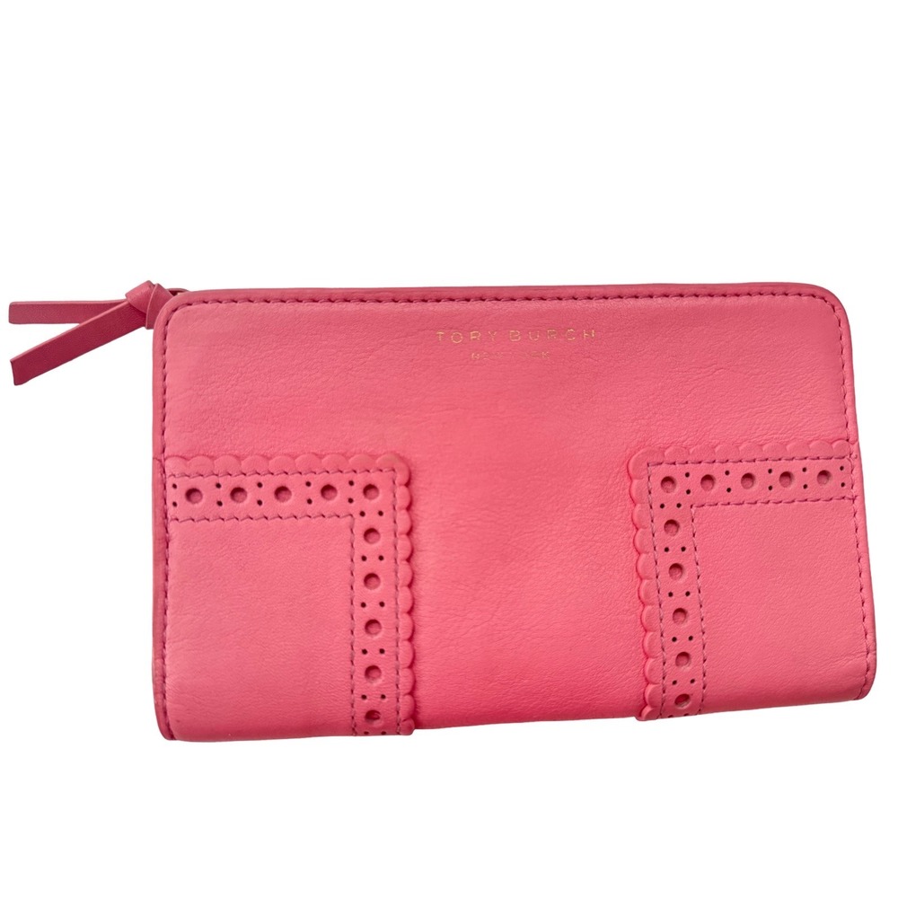 Tory Burch Marion Brogue Leather Smart Phone Wallet Pink Zip Around